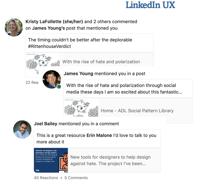 LinkedIn screenshots showing comments about the new Social Pattern Library
