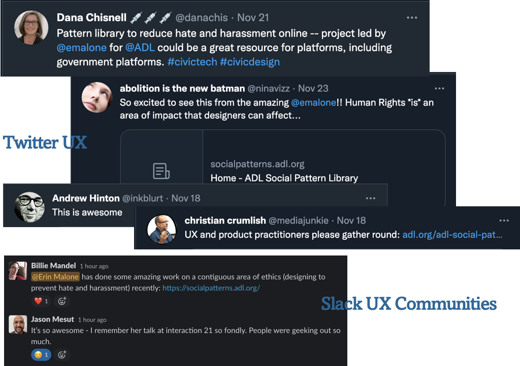Tweets showing comments about the new Social Pattern Library